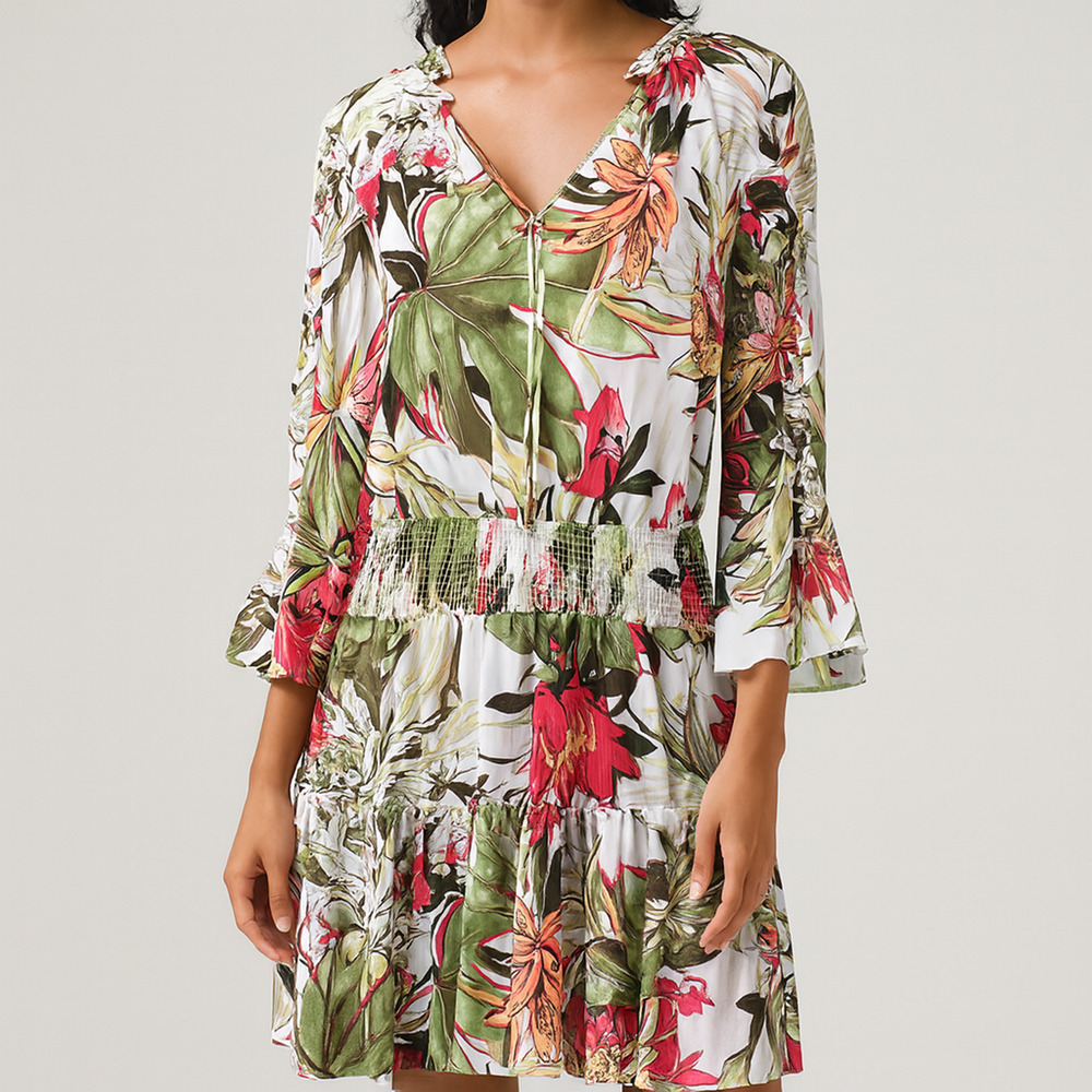 Chico’s Maui Alabaster Floral Dress Sz. Chicos 2 Women's 12 Bell Sleeve Smocked - Picture 2 of 15